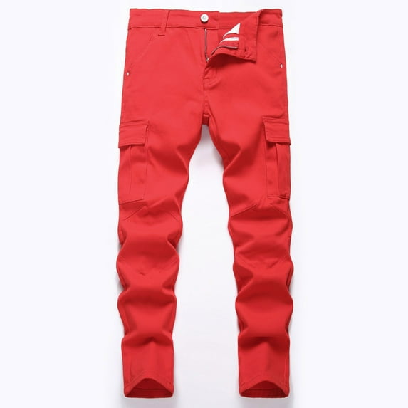 Tfken Denim Pants For Boys Teen Relaxed Fit Daily Wear Straight-Leg Comfort Waist Solid Color Jeans Red Size 6-7 Years