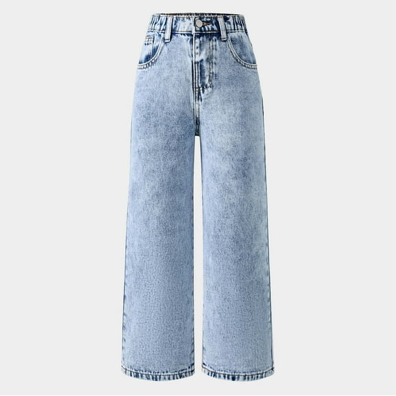 Tfken Denim Pants For girls Teen Distressed Elastic Waist Wide-Leg Comfortable Daily Wear Jeans Blue Size 11-12 Years