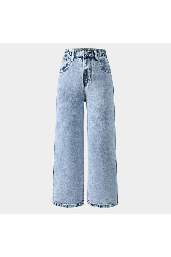 Denim Pants For girls Teen Distressed Elastic Waist Wide-Leg Comfortable Daily Wear Jeans Blue Size 11-12 Years
