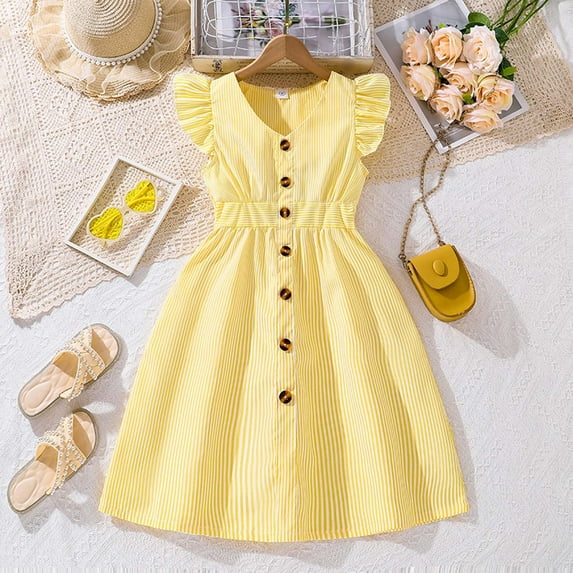 Tfken Dress For Girls 2025 Elegant Classy A-Line Solid Color Fashion Trendy Yellow Crew Neck Toddler Dresses Size 11 Years-12 Years