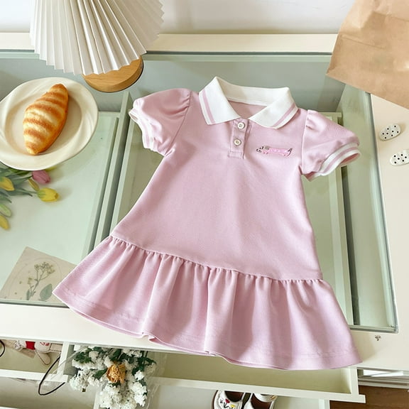 Tfken Dress For Girls 2025 Elegant Classy A-Line Solid Color Loose Comfortable Pink Lapel Neck Toddler Dresses Size 7 Years-8 Years