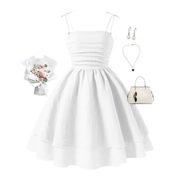 Tfken Dress For Girls 2025 Off Shoulder Sleeveless Solid Color A-Line Comfortable Loose White Size 9 Years-10 Years