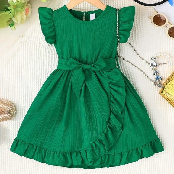 Tfken Dress For Girls Flutter Sleeve Sleeve Solid Color Daily Wear Summer Green A-Line Teen Dresses Size 3 Years-4 Years