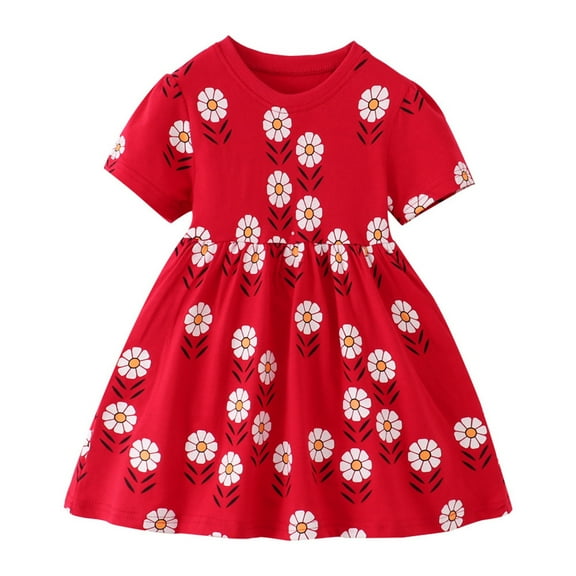 Tfken Dress For Girls Newborn Infants Size 1-2 Years Short Sleeve Cute Flower Print A-Line Red Dresses