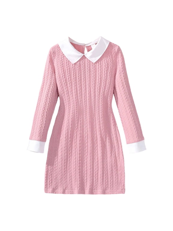 Dress For Girls Solid Color Classic-Fit Lapel Neck Long Sleeve Pink Dresses Size 9-10 Years