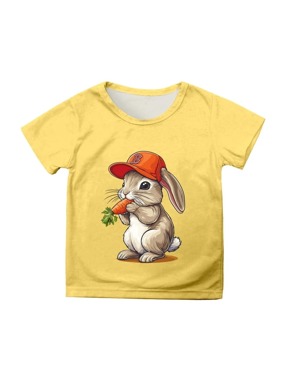 Easter Girls Tshirts Short Sleeve Crew Neck Bunny Print Easter Party Performance Girls Fashion Tshirts Children Soft Outfit Yellow Size 4-5 Years