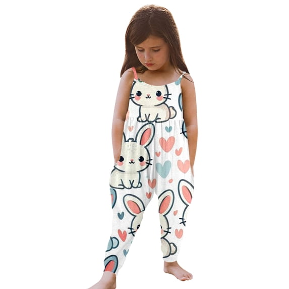 Tfken Easter Jumpsuit For Girls Sleeveless Crew Neck Spaghetti Strap Bunny Print Girls Casual Onesie Summer Easter Party Toddler Classic Romper White Size 18-24 Months