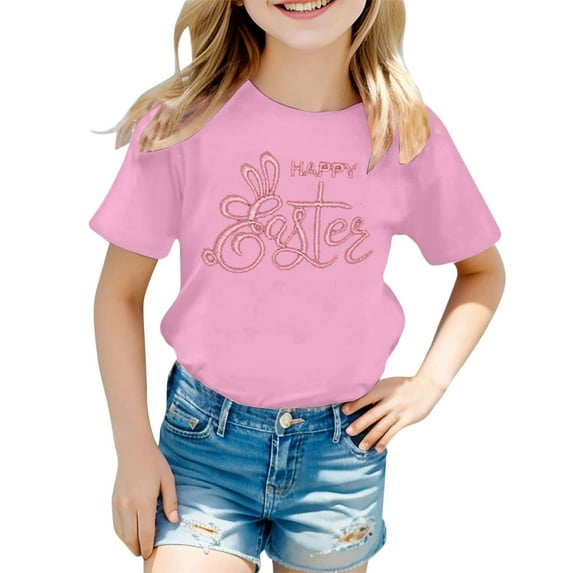 Tfken Easter Shirts For Girls Bunny Print Crew Neck Short Sleeve Summer Girls Casual Tshirts For Easter Performance Teen Comfortable Outfit Pink Size 4-5 Years