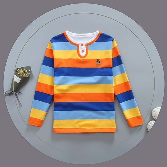 Tfken For Big Boys Child Shirts Relaxed Fit Striped Print Long Sleeve Tops Comfortable Lapel Neck Orange Tee Size 8-9 Years