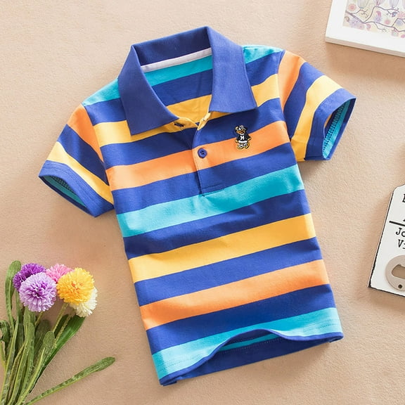 Tfken For Big Boys Child T-Shirts Trendy Bright Striped Print Short Sleeve Tops Relaxed Fit Lapel Neck Blue Tee Size 6-7 Years