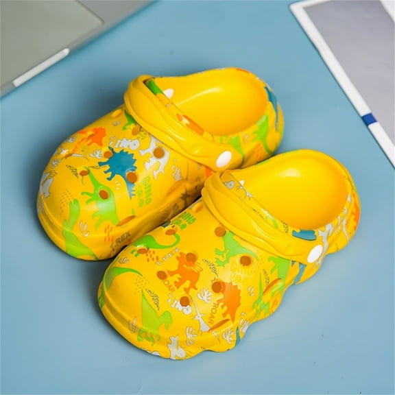 Tfken Garden Clogs Slippers For Kids Girls Boys Non Swivel Ankle Strap Eva Dinosaur Print Yellow Lightweight Toddler Sandals Size 4-5 Years
