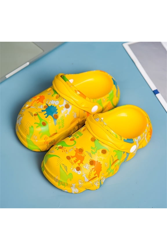 Garden Clogs Slippers For Kids Boys Girls Comfortable Resistant Dinosaur Print Swivel Ankle Strap Eva Yellow Toddler Child Sandals Size 7-8 Years