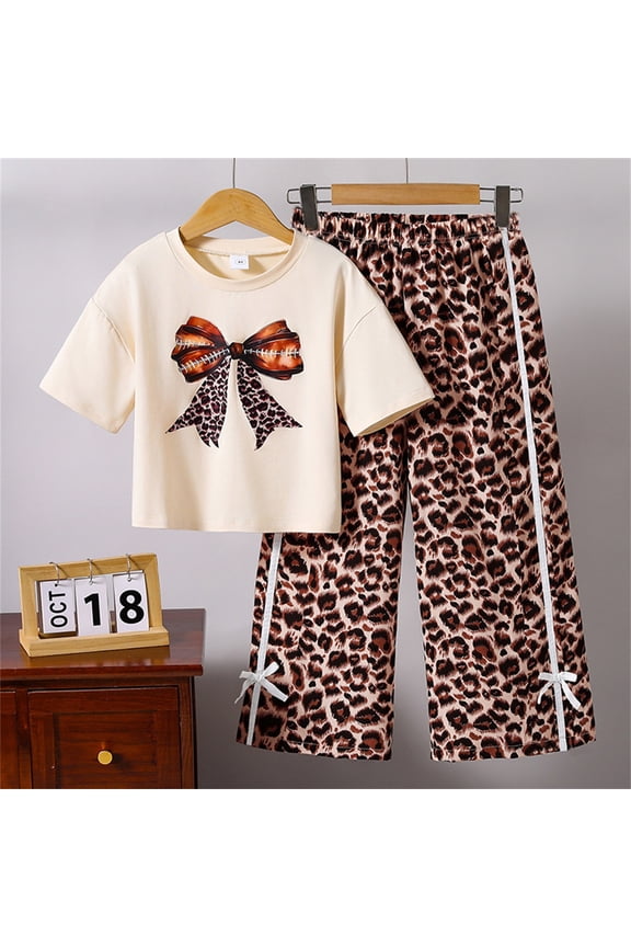 Girl Kids 2 Piece Outfits Bowknot Tee Shirts Leopard Print High Waist Wide Leg Pants Set Brown 130(8-9 Years)