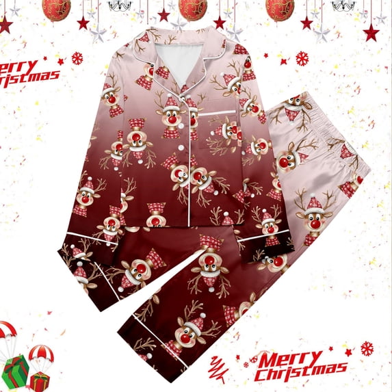 Tfken Girls Christmas Pajamas Reindeer Print Button Down Long Sleeve Top Pants 2 Piece Fall Winter Casual Cozy Pjs Holiday Family Gathering Sleep Set,Size 3-14 Years