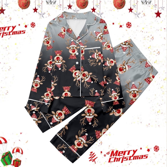 Tfken Girls Christmas Pajamas Reindeer Print Button Down Long Sleeve Top Pants 2 Piece Fall Winter Casual Cozy Pjs Holiday Family Gathering Sleep Set,Size 3-14 Years Grey