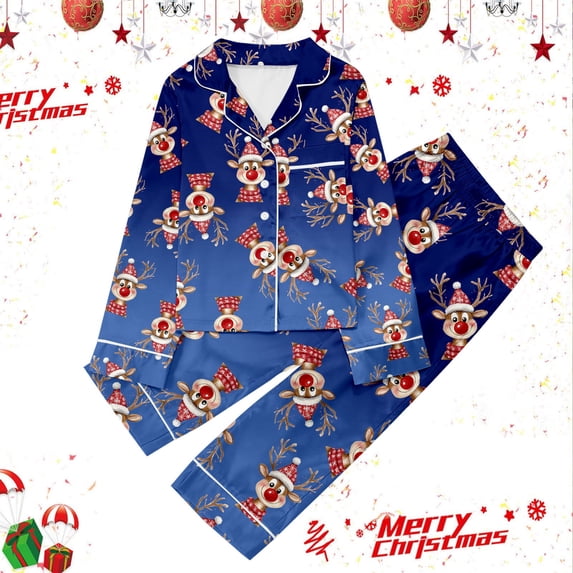 Tfken Girls Christmas Pajamas Reindeer Print Button Down Long Sleeve Top Pants 2 Piece Fall Winter Casual Cozy Pjs Holiday Family Gathering Sleep Set,Size 3-14 Years Blue