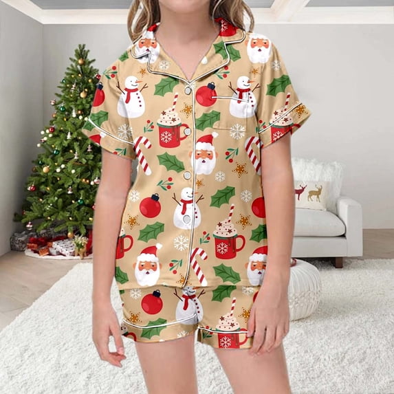 Tfken Girls Christmas Pajamas Santa Claus Graphic Print Sleepwear Summer Fall Casual Button Down Short Sleeve Top Shorts 2 Piece Festival Party Pjs Set,Size 2-13 Years Dark Purple