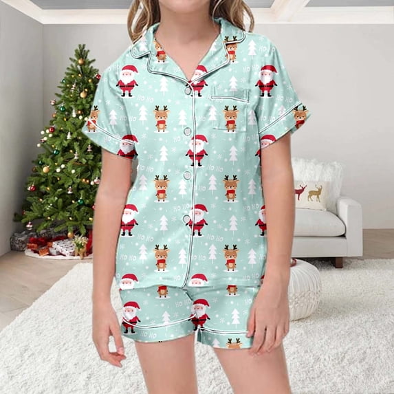 Tfken Girls Christmas Pajamas Santa Claus Graphic Print Sleepwear Summer Fall Casual Button Down Short Sleeve Top Shorts 2 Piece Festival Party Pjs Set,Size 2-13 Years Light Purple