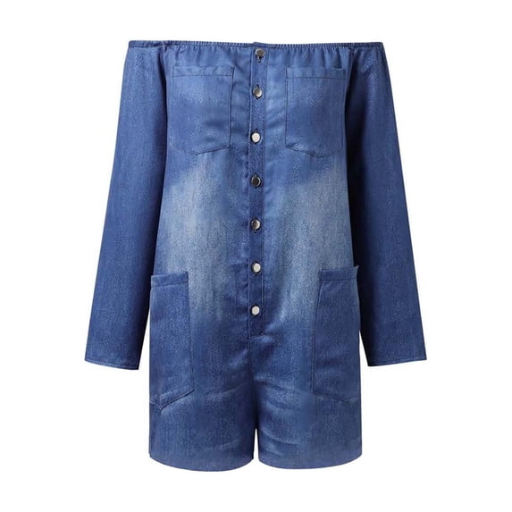 Tfken Girls Denim Romper Summer Off The Shoulder Comfy Casual Romper With Pockets Daily Wear Soft Kids Classic Clothes Size 4-5 Years Blue