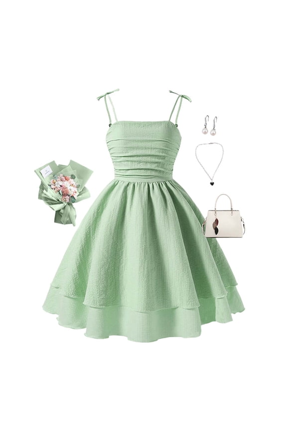 Girls Dress A-Line Solid Color Trendy Daily Wear Green Off Shoulder Girl Dresses Size 7 Years-8 Years