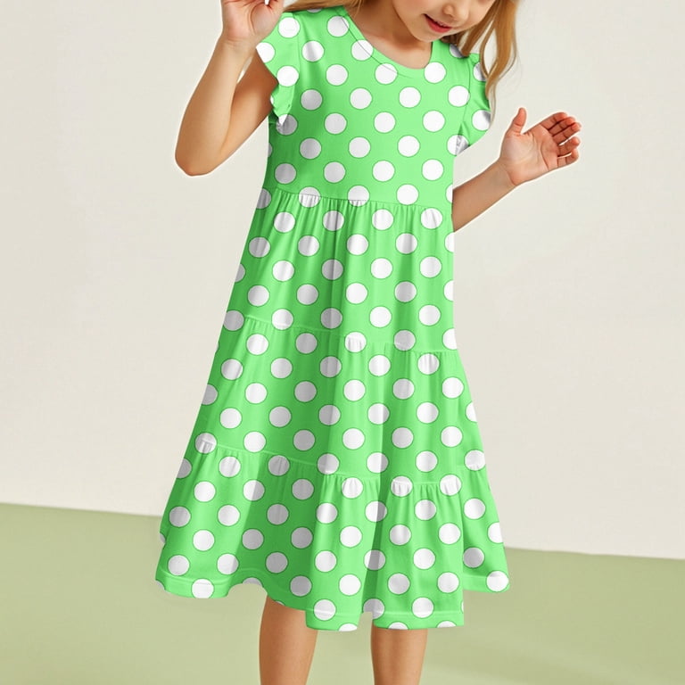 Tfken Girls Dress Crew Neck Short Sleeve Polka Dot Print A-Line Daily Wear  Soft Light Green Size 6 Years-7 Years - Walmart.com