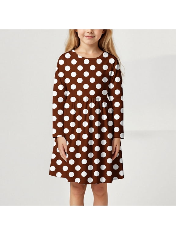 Girls Dress Polka Dot Print Loose Cute Brown Straight Girl Dresses Size 3 Years-4 Years
