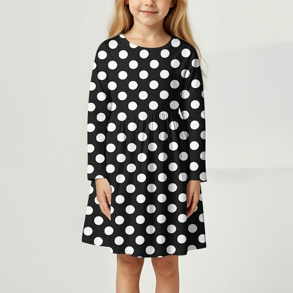 Tfken Girls Dress Size 3 Years-4 Years Polka Dot Print Comfortable Daily Wear Straight Black Girl Dresses