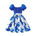 thumbnail image 1 of Tfken Girls Dress Square Neck Short Sleeve Flower Print A-Line Loose Trendy Blue Size 3 Years-4 Years, 1 of 9