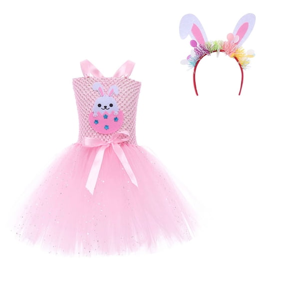 Tfken Girls Dresses For Easter Bowknot Bunny Print Sleeveless Spaghetti Strap Square Neck Solid Easter Performance Girls Fashion Dresses Classic Outfit Multicolor Size 6-7 Years