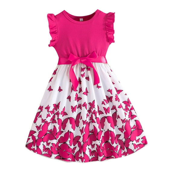 Tfken Girls Dresses For Summer Butterfly Print Fly Sleeve Crew Neck Dresses With Bowknot Trendy Daily Wear Toddler Soft Clothes Pink Size 7-8 Years