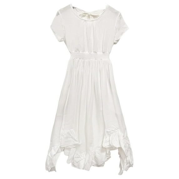 Tfken Girls Dresses For Summer Crew Neck Solid Color Short Sleeve Maxi Dresses Daily Wear Trendy Children Comfortable Clothes White Size 12-13 Years
