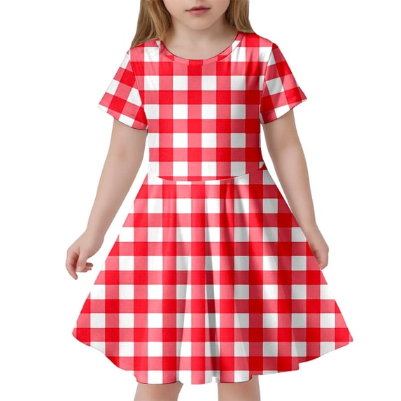 Tfken Girls Dresses For Summer Plaid Crew Neck Short Sleeve Dresses Trendy Daily Wear Kids Soft Clothes Pink Size 10-12 Years