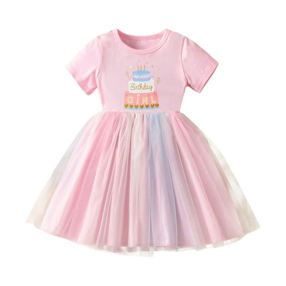Tfken Girls Dresses For Summer Short Sleeve Crew Neck Print Tutu Tulle Dresses Daily Wear Trendy Children Comfortable Clothes Red Size 4-5 Years