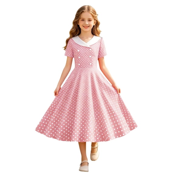 Tfken Girls Dresses Soft Comfy Holiday Travel Girls A Line Dresses Polka Dot Print Casual Fashion Party Child Classic Clothes Size 12-13 Years