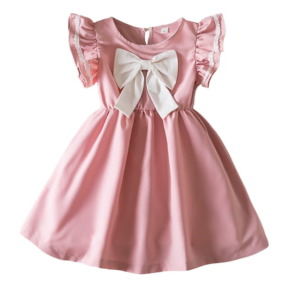 Tfken Girls Dresses For Summer A Line Crew Neck Fly Sleeve Solid Color Dresses With Bowknot Daily Wear Fashion Elegant Clothes Pink Size 6-7 Years