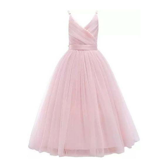 Tfken Girls Dresses For Summer Sleeveless Spaghetti Strap V Neck Solid Color A Line Tutu Tulle Maxi Dresses For Party Teen Elegant Clothes Pink Size 4-6 Years