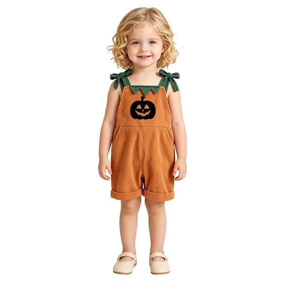 Tfken Girls Halloween Overalls Comfy Casual Pumpkin Graphic Romper With Pockets Soft Daily Wear Child Fashion Clothes Size 3-4 Years Orange