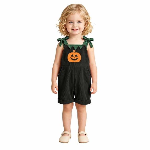 Tfken Girls Halloween Overalls Comfy Casual Pumpkin Graphic Romper With Pockets Soft Daily Wear Kids Classic Clothes Size 12-18 Months Black