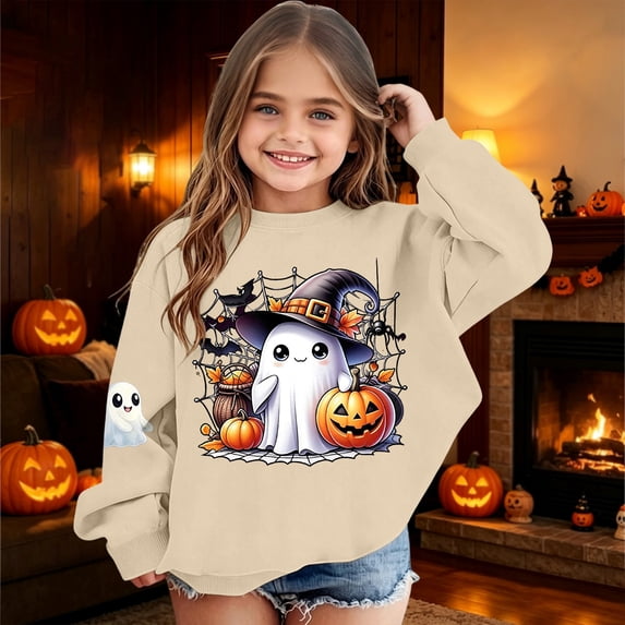 Tfken Girls Halloween Sweatshirt Ghost Pumpkin Graphic Print Pullover Crew Neck Long Sleeve Fall Winter Soft Comfortable Casual Wear Festival Party Tops Size,3-10 Years Khaki