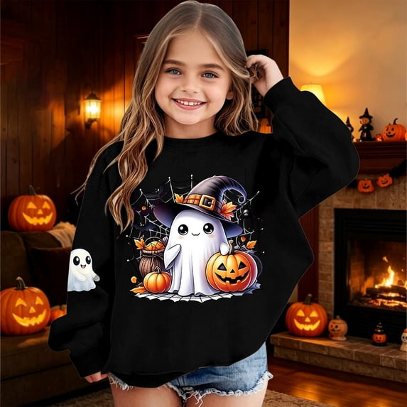 Tfken Girls Halloween Sweatshirt Ghost Pumpkin Graphic Print Pullover Crew Neck Long Sleeve Fall Winter Soft Comfortable Casual Wear Festival Party Tops Size,3-10 Years Black