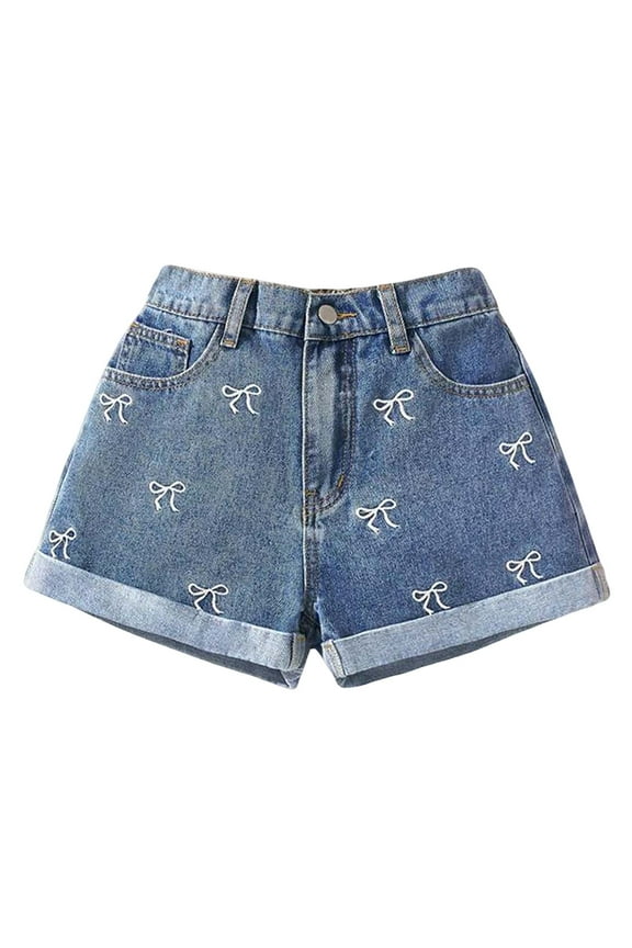 Girls Jeans Shorts Bow Print Elastic Waist Summer Stylish Denim Half Pants Blue Size 9-10 Years