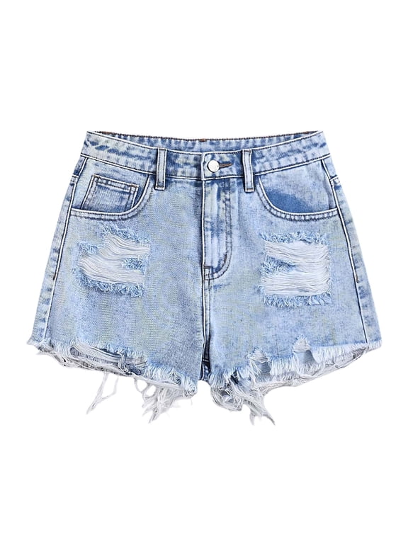 Girls Jeans Shorts Summer Elastic Waist Ripped Denim Half Pants Size 12-13 Years Blue
