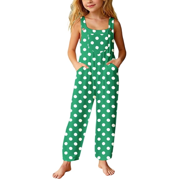 Tfken Girls Jumpsuit Summer Sleeveless Polka Dot Graphic Comfy Casual Jumpsuit With Pockets Soft Daily Wear Kids Classic Clothes Size 9-10 Years Green