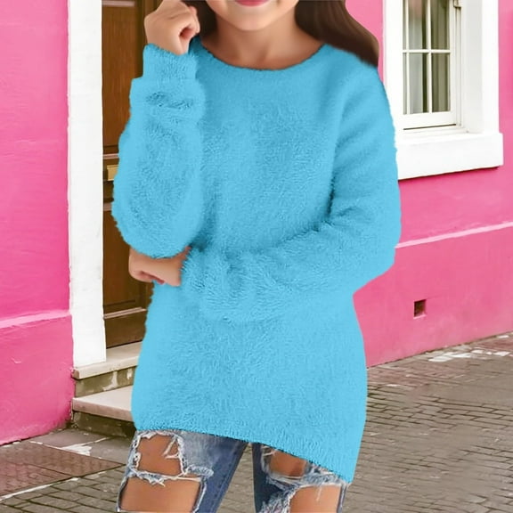 Tfken Girls Kids Sweater Fall Solid Color Warm Crew Neck Pullover Sweater Blue Size 7-8 Years