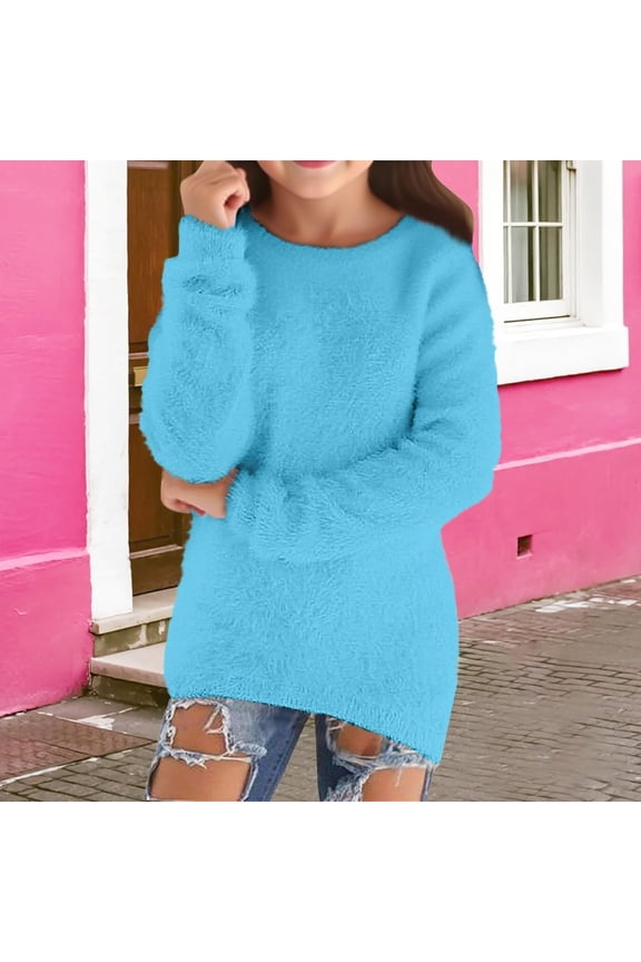 Girls Kids Sweater Fall Solid Color Warm Crew Neck Pullover Sweater Blue Size 7-8 Years
