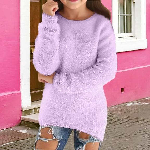 Tfken Girls Kids Sweater Size 5-6 Years Crew Neck Solid Color Soft Warm Purple Pullover Sweater