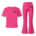 thumbnail image 1 of Tfken Girls Outfit Sets Bow Graphic Short Sleeve Tops With Flare-Leg Pants Set Summer Casual Kids Comfy Clothes Size 11-12 Years Pink, 1 of 4