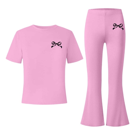 Tfken Girls Outfit Sets Bow Graphic Short Sleeve Tops With Flare-Leg Pants Set Summer Casual Toddler Classic Clothes Size 11-12 Years Pink