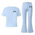 thumbnail image 1 of Tfken Girls Outfit Sets Bow Graphic Short Sleeve Tops With Flare-Leg Pants Set Summer Casual Toddler Classic Clothes Size 7-8 Years Blue, 1 of 4
