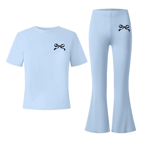 Tfken Girls Outfit Sets Bow Graphic Short Sleeve Tops With Flare-Leg Pants Set Summer Casual Toddler Classic Clothes Size 7-8 Years Blue